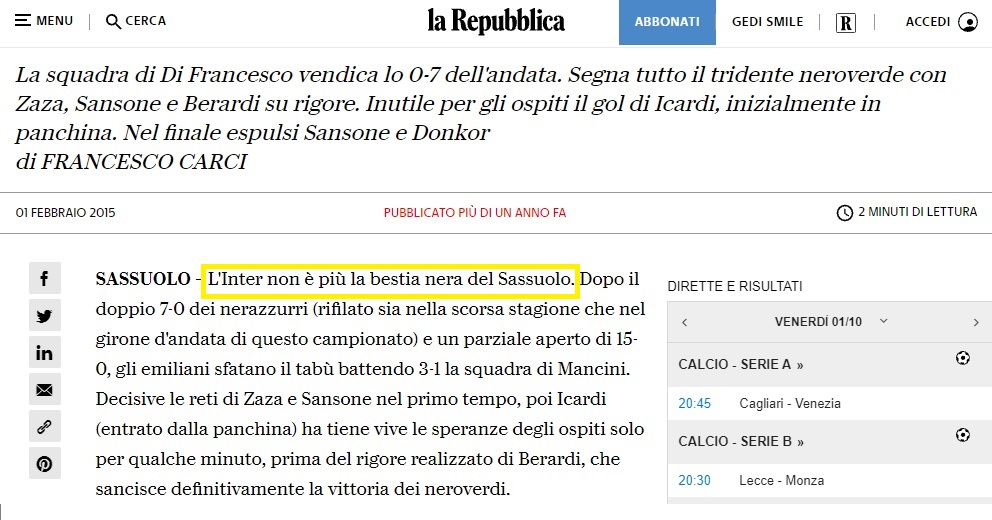 Sassuolo – Inter, il prepartita: cinque motivi per affidarsi al talismano 13 Ranocchiate